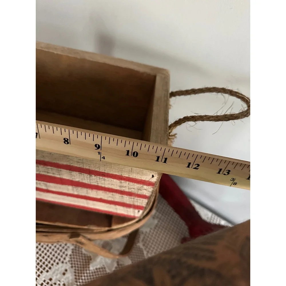 Rustic Wooden American Flag Crate Decorative Box Jute Rope Handles Americana